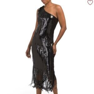 Nanette Lepore Black all over Sequin Fringe Funky Town neck midi dress NEW SZ 14